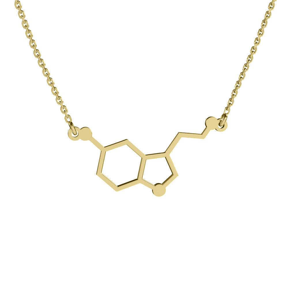 Lănțișor elegant cu pandantiv Molecula Serotonină din argint 925 placat cu aur 18K – simbol al fericirii și al echilibrului. Cadou perfect pentru iubită, prietenă sau persoana care îți aduce zâmbetul. Bijuterie modernă Maison La Stéphanie.