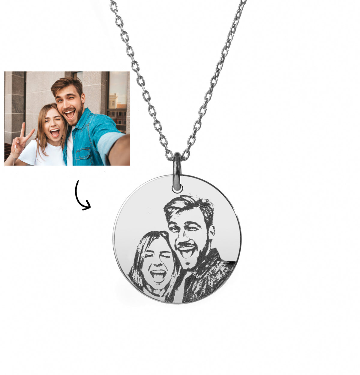 Lănțișor personalizat cu fotogravură în argint 925 – medaliu gravat cu poza ta, un cadou unic și emoționant. Ideal pentru aniversări, 8 Martie și cadouri corporate.