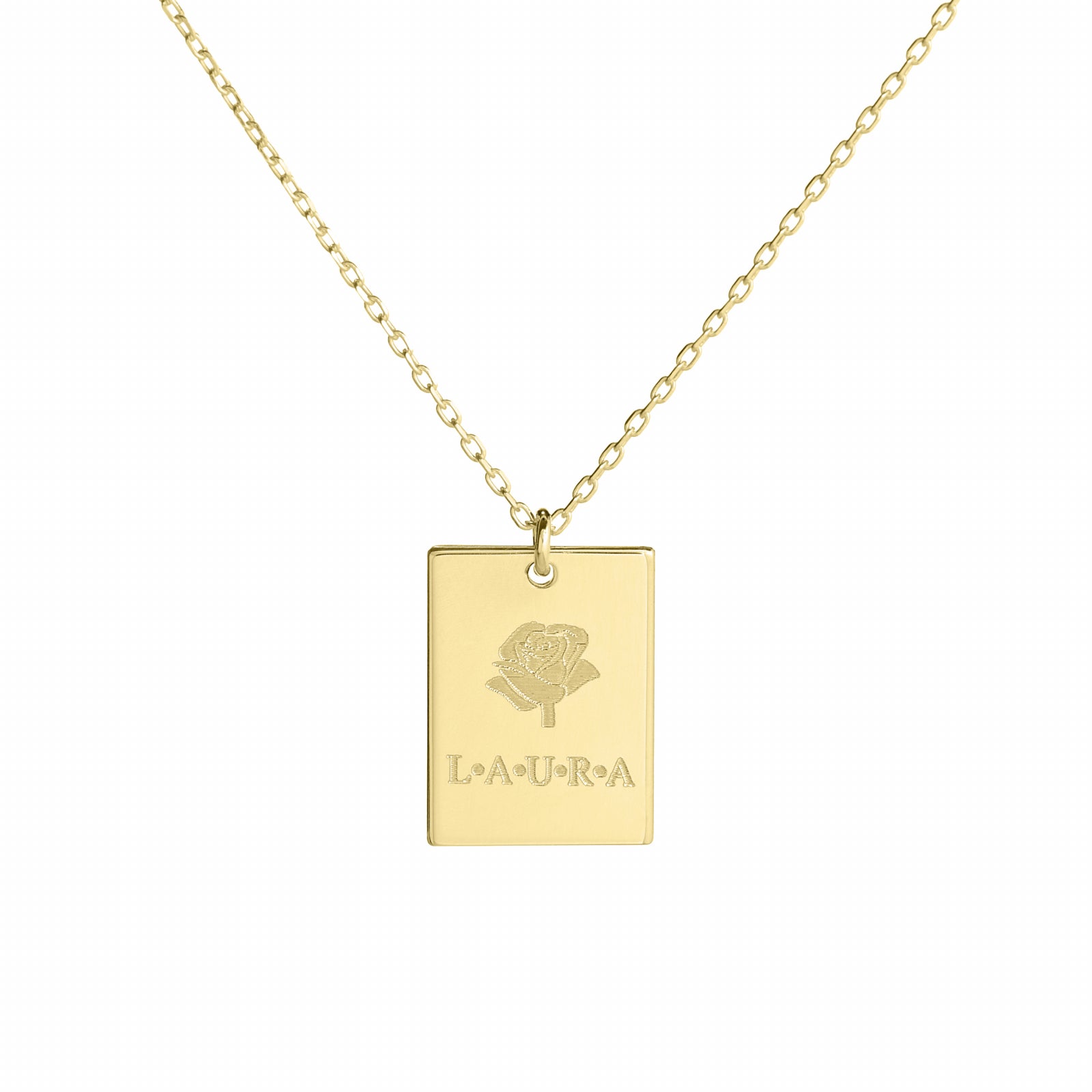 Lănțișor personalizat din argint 925 placat cu aur, gravat cu nume și floare delicată. Cadoul ideal pentru iubită, mamă sau prietenă. Bijuterie elegantă Maison La Stéphanie – un simbol al feminității și rafinamentului.