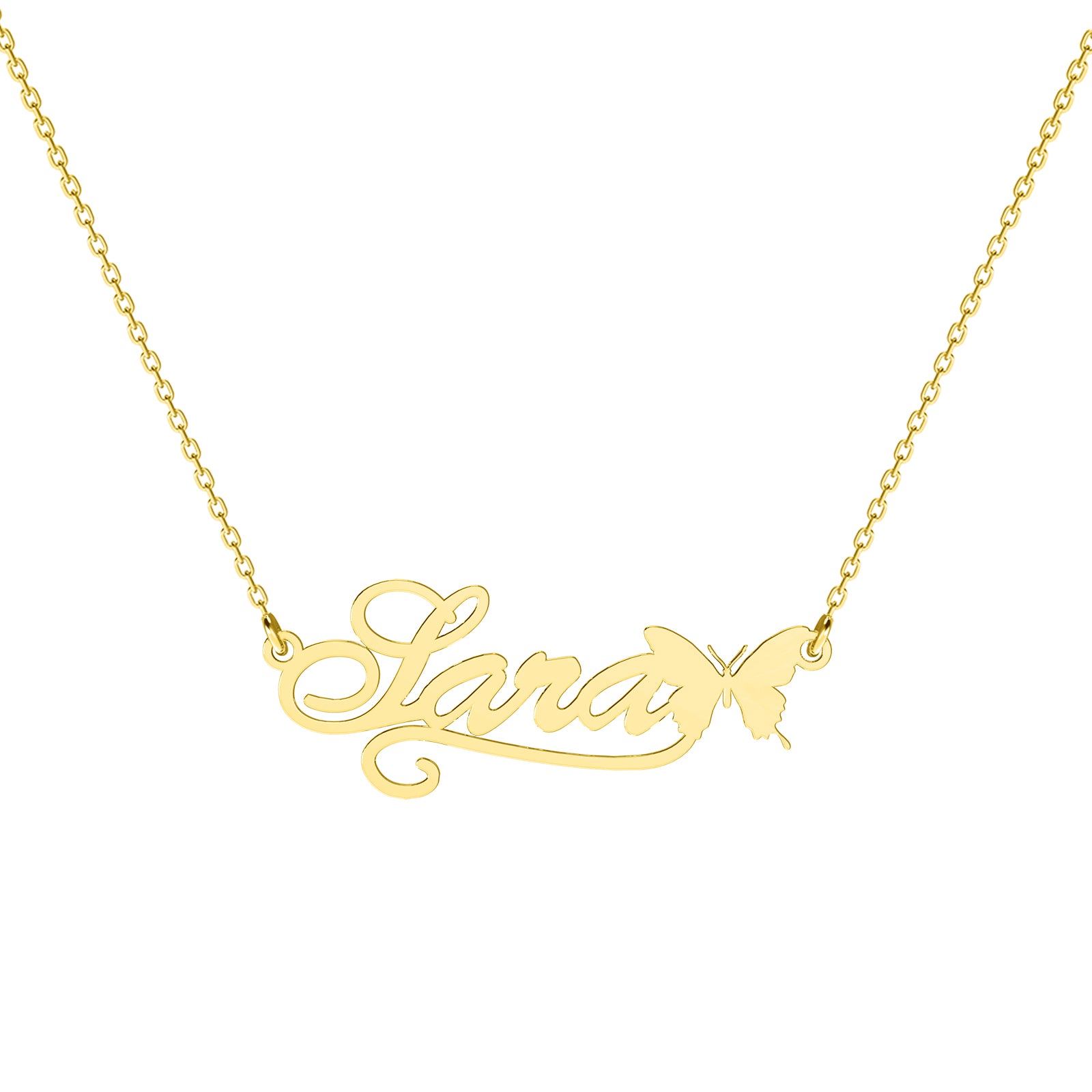 Lănțișor personalizat cu nume și fluturaș din argint 925 placat cu aur 18K – bijuterie elegantă Maison La Stéphanie, ideală pentru cadouri de ziua iubitei, pentru mamă sau pentru ocazii speciale.
