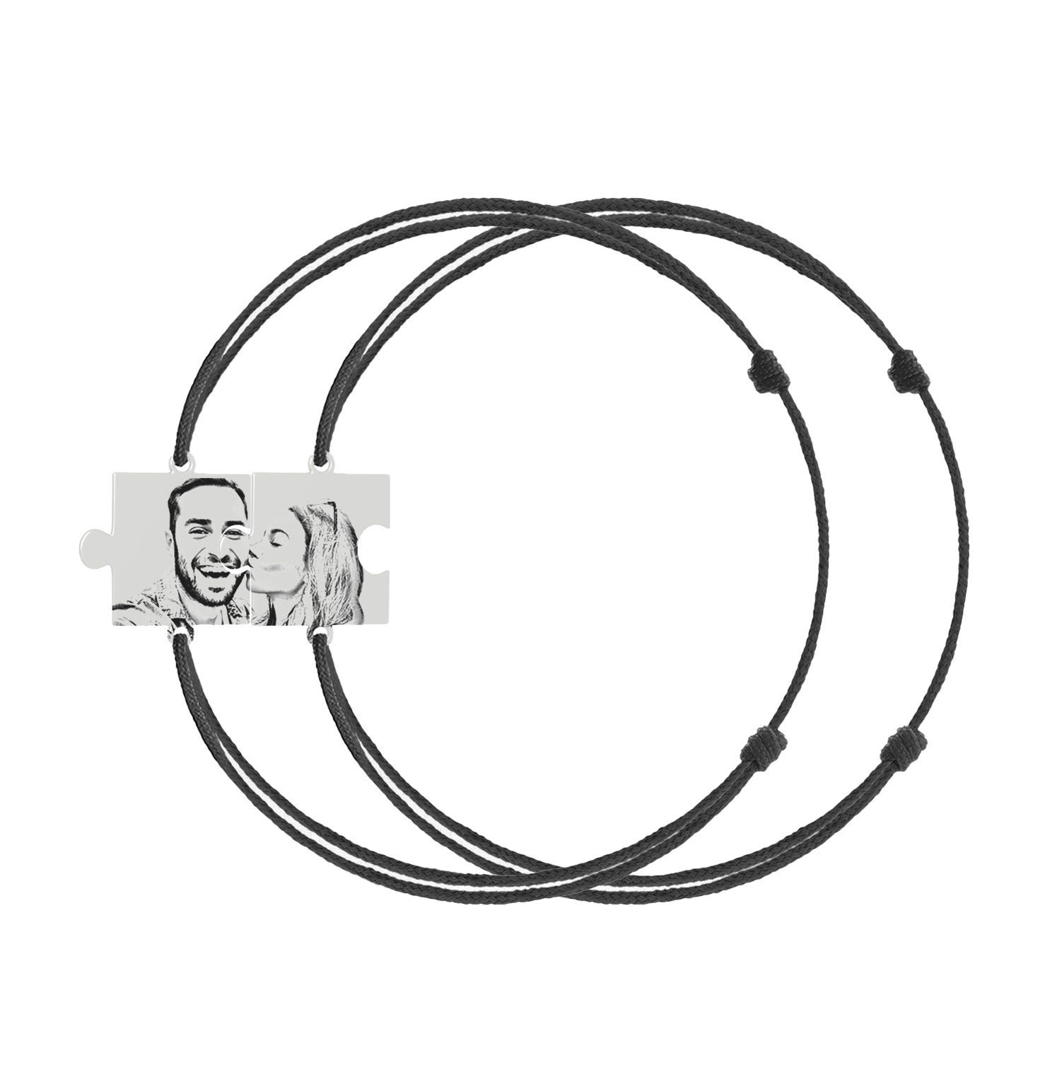 Set 2 brățări personalizate cu fotogravură pe plăcuțe puzzle din argint 925 – bijuterii de cuplu Maison La Stéphanie, perfecte pentru cadou de aniversare sau Valentine’s Day.