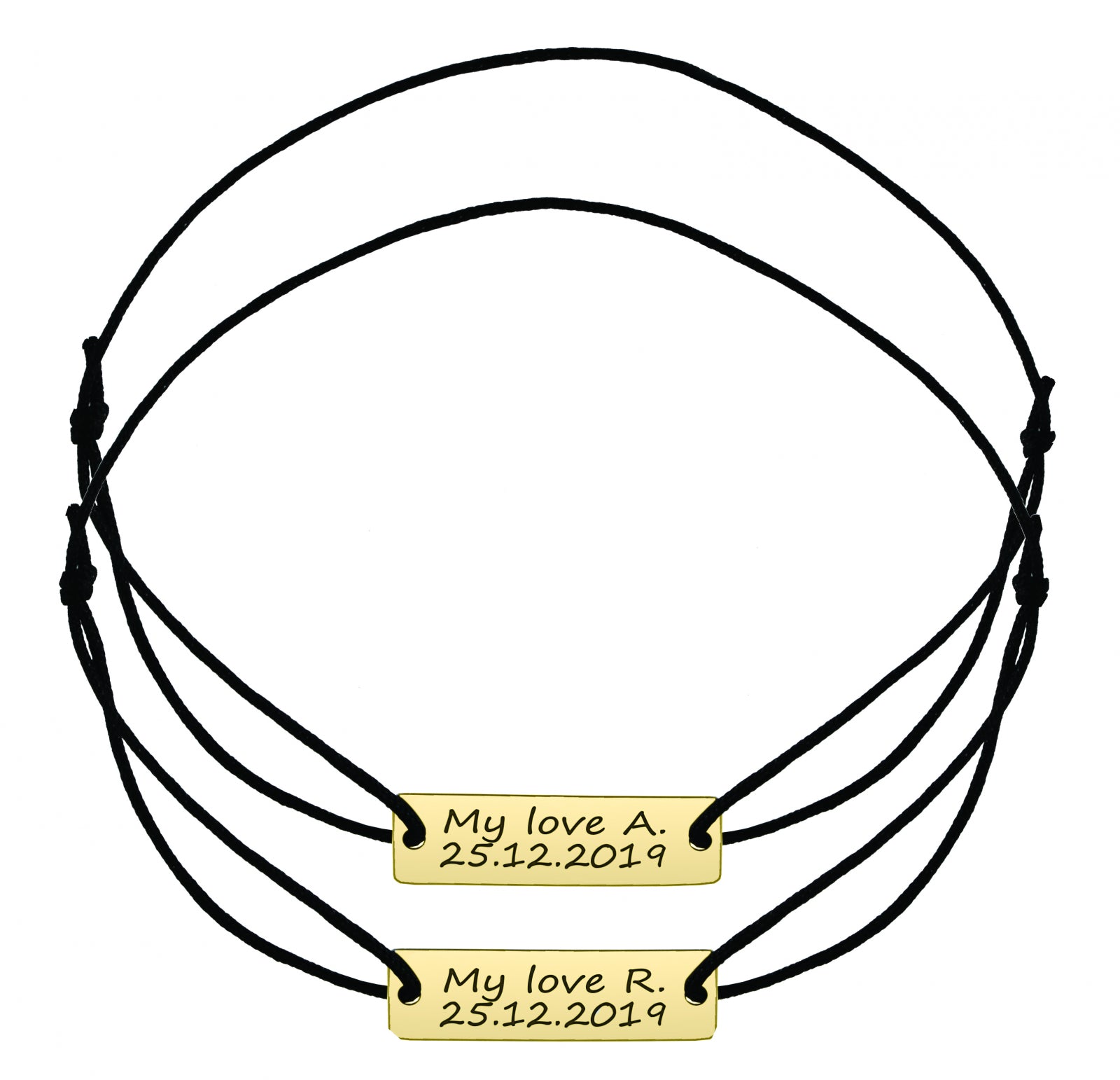 Set 2 brățări personalizate prin gravură, plăcuță din argint 925 placat cu aur – cadou elegant pentru cupluri, familie sau prieteni. Bijuterii personalizate Maison La Stéphanie.